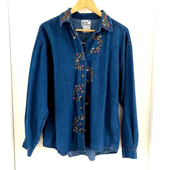 Way to go Tops - VTG 90s Way to Go Womens XL Denim Button Up Shirt Embroidered Flowers Casual